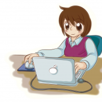 会社のデスクでパソコンをする女性のイラスト
