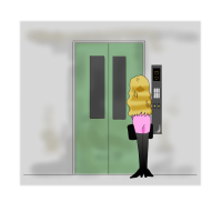 エレベーターを待つ金髪の女性の後ろ姿のイラスト