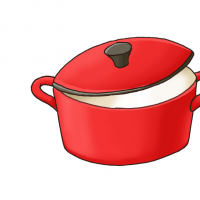 赤い鍋の蓋があいているイラスト