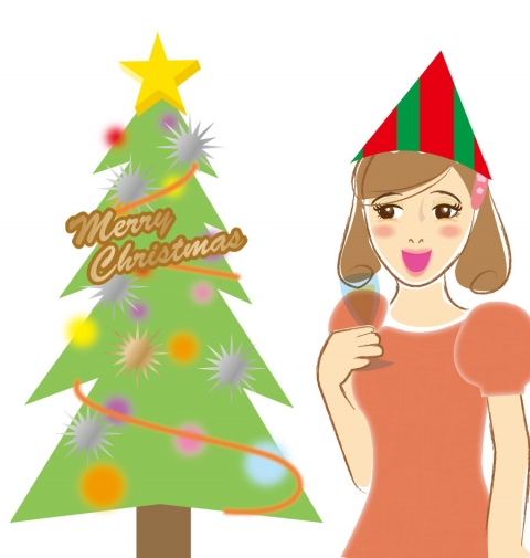 クリスマスツリーと女性のイラスト