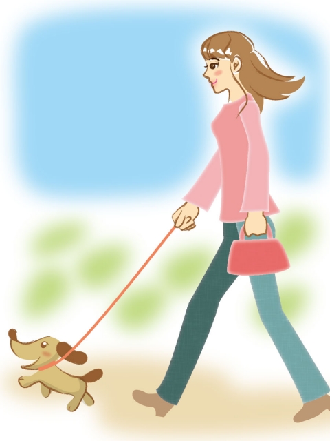 犬を散歩する女性のイラスト