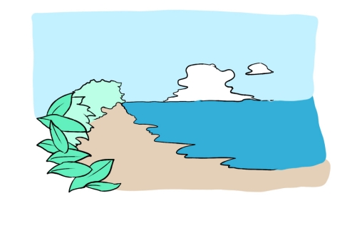 植物と砂浜が描かれた「海」のイラスト