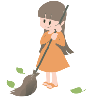 庭をほうきで掃いている女性のイラスト