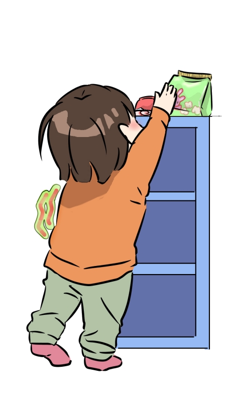 棚の上のお菓子に手を伸ばす子供が背伸びしているイラスト