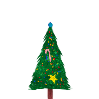 ステッキや星など様々な飾りがついたクリスマスツリーのイラスト