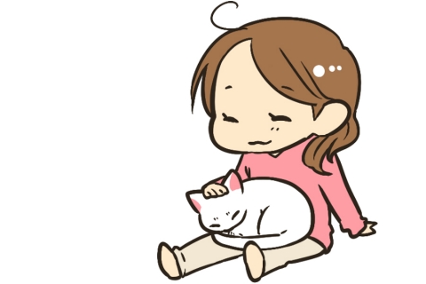 猫をなでる女性のイラスト