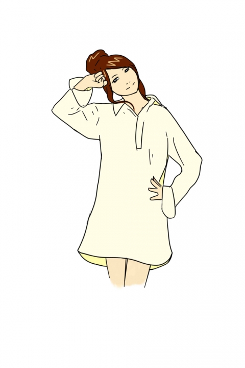 パジャマ姿で腰に手を置いている女性のイラスト