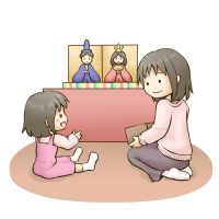 ひな人形と小さな女の子とお母さんのイラスト