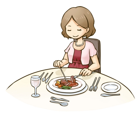 高級フランス料理を食べている赤いワンピースを着た女性のイラスト