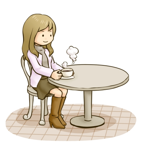カフェでコーヒーを飲んでひと休みする女性のイラスト 無料イラスト
