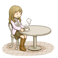 カフェでコーヒーを飲んでひと休みする女性のイラスト