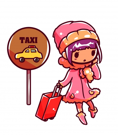 旅行中にタクシーを待っている女性のイラスト