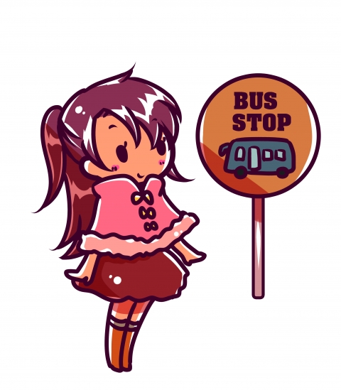 バスを待っているかわいらしい女性のイラスト