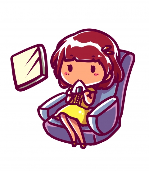 飛行機の座席でおにぎりを食べている女性のイラスト