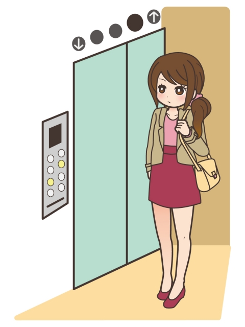 ひとりでエレベーターに乗ってる若い女性のイラスト 無料イラストのimt 商用ok 加工ok