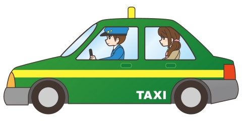 緑色のタクシーに乗る女性のイラスト