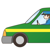 緑色のタクシーに乗る女性のイラスト