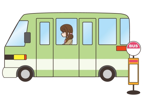 バスに乗ってどこかに向かっている女性のイラスト