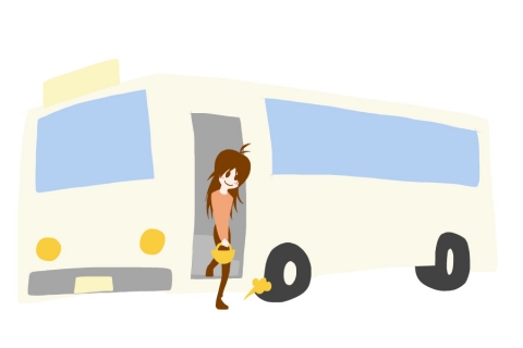バスからゆっくりと降りる女性のイラスト