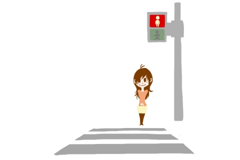信号が赤で待っている女性のイラスト