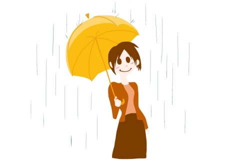 傘をさして雨を眺めている女性のイラスト