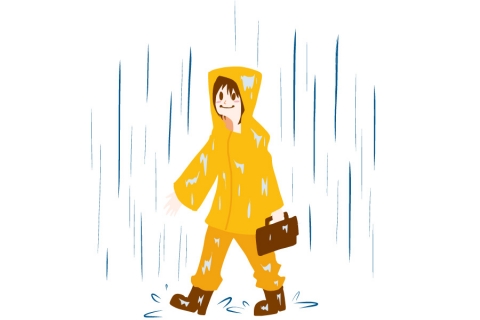 雨合羽をして雨の中歩いている女性のイラスト
