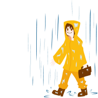 雨合羽をして雨の中歩いている女性のイラスト