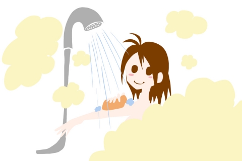 シャワーを浴びて腕を洗っている女性のイラスト
