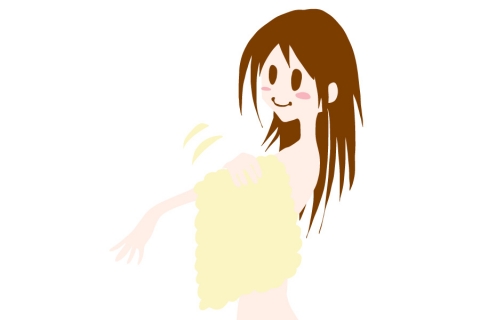 黄色いバズタオルで身体を拭く女性のイラスト