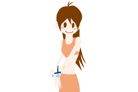 若い女性がＴ字カミソリで腕のムダ毛を処理する姿のイラスト