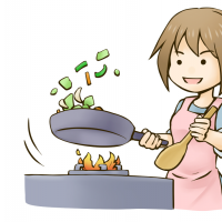 フライパンで炒め物をしている女性のイラスト