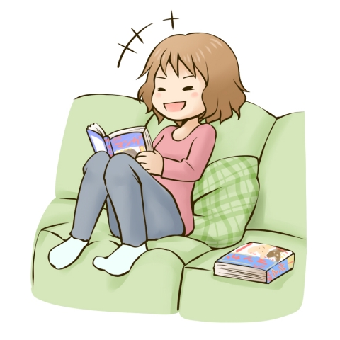 漫画を読んでソファーで笑っている女性のイラスト 無料イラストのimt 商用ok 加工ok