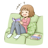 漫画を読んでソファーで笑っている女性のイラスト