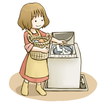 洗濯機に洗濯物を入れている女性のイラスト