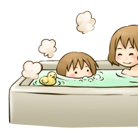 お風呂に浸かって子供と遊んでいる女性のイラスト