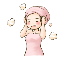 風呂上りに頭にタオルを巻いてニッコリ笑っている女性のイラスト