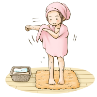女性が風呂上りにタオルで体を拭く姿のイラスト