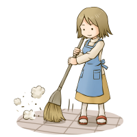 庭をほうきで掃いて掃除している女性のイラスト