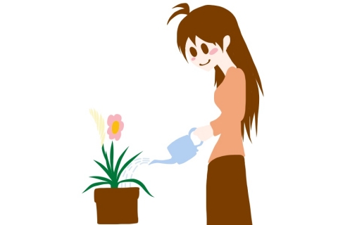 花にじょうろで水をあげている女性のイラスト