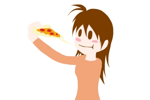 ピザをおいしそうに食べている女性のイラスト