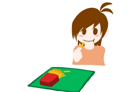 ポテトを手で食べている女性のイラスト