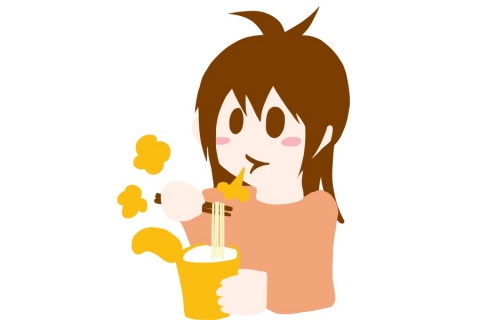 カップラーメンをすすっている女性のイラスト