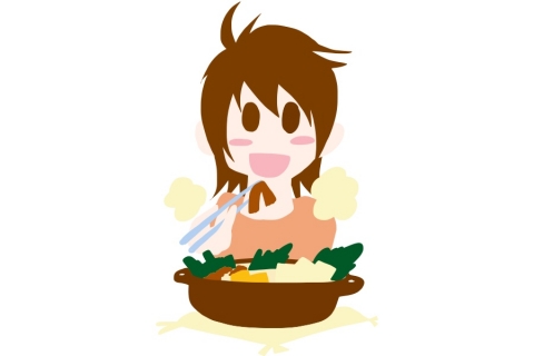 鍋を笑顔で食べている女性のイラスト