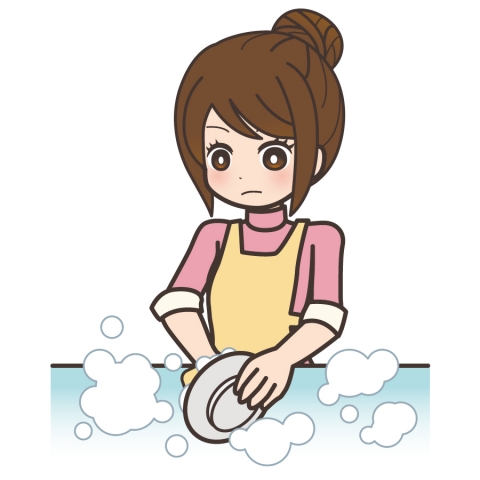 食器を真剣な顔で洗っているときの女性のイラスト 無料イラストのimt