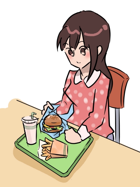 ハンバーガーを食べようとしている女性のイラスト