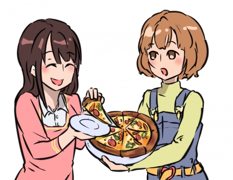 ピザを友達と食べている女性のイラスト