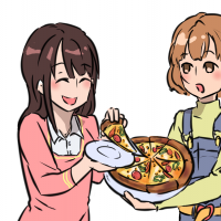 ピザを友達と食べている女性のイラスト