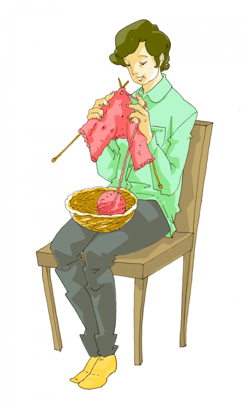 編み物を椅子に座ってする女性のイラスト