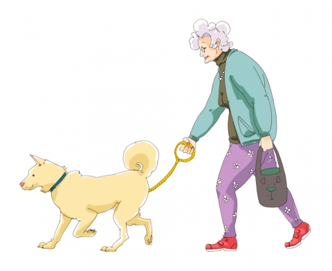 犬の散歩をするおばあさんのイラスト