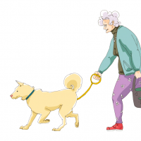 犬の散歩をするおばあさんのイラスト